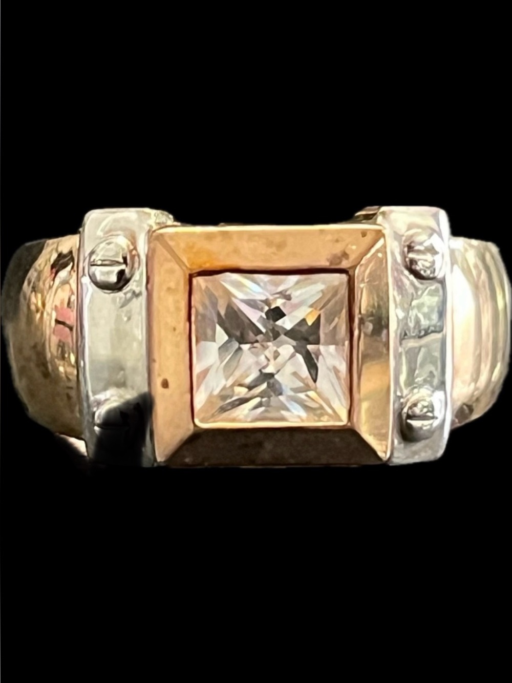 Suzanne Somers Vintage princess cut CZ bezel set gold, silver nailhead band ring